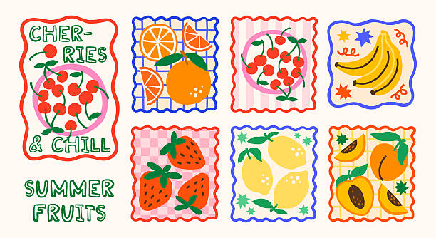 Summer fruits vector print designs. Bright tropical exotic fruits and berries illustrations in wavy frames