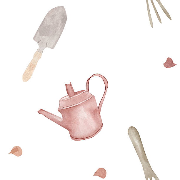 istock Watercolor seamless pattern Garden tools. Agricultural implements. Shovel, rake and watering can are hand drawn to create an elastic background. Drawings for clothes, wallpaper, wrapping paper 2226415803