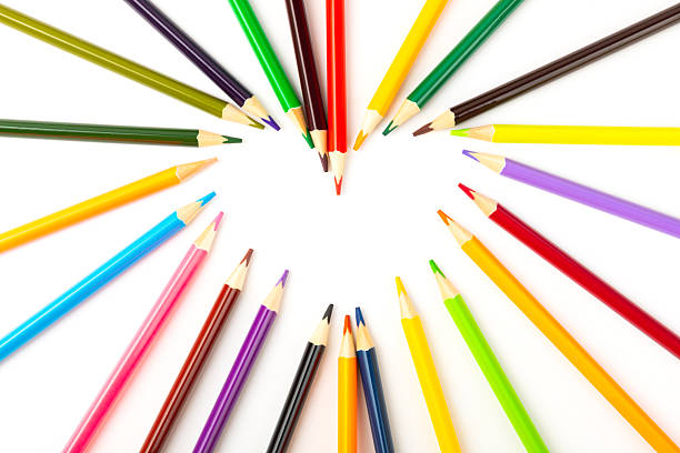 Colored pencils isolated on white background. Equipment for coloring. Stationery for creativity.Back to school. Flatlay. Children's Creativity and Education. Rainbow.