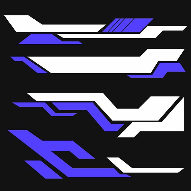 Futuristic Racing Stripes Sticker Set on Black Background Set of abstract racing stripe graphics with a modern, angular design. Perfect for vehicle wraps, motorcycle decals, sports branding, and futuristic design elements car side decals stock illustrations
