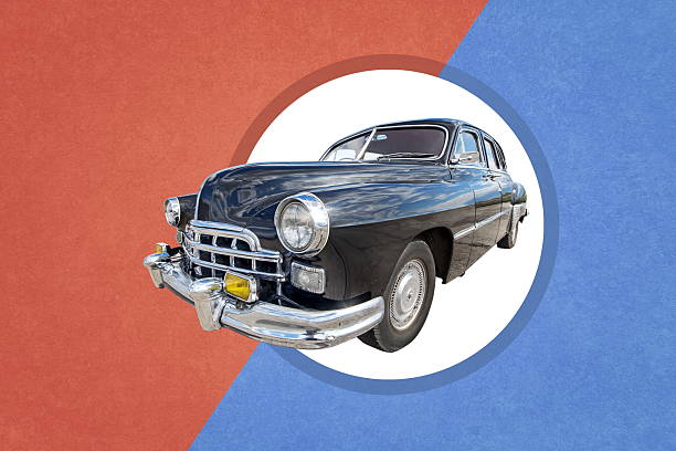 istock black retro car on red blue background 2226420444