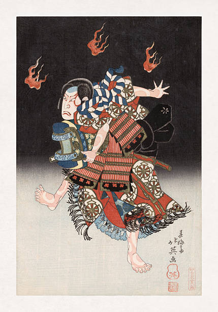 Woodblock print by Shunbaisai Hokuei made in 1835 depicting the renowned kabuki actor Nakamura Shikan II in the role of Genkuro, a shape-shifting fox (kitsune), from the play Hanayagura hitome senbon. Genkuro, disguised as the loyal samurai Tadanobu has flames (kitsunebi or hitodama) swirlling around him.
