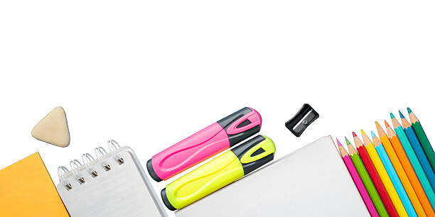 Bright school supplies on a blue background