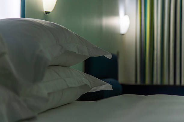 hotel room featuring a comfortable bed and a large window with a view with copy space.
