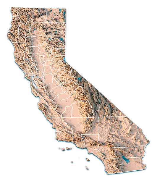3D Render of a Topographic Map of California, United States. Isolated on white.\nAll source data is in the public domain.\nColor texture: Made with Natural Earth.\nhttp://www.naturalearthdata.com/downloads/10m-raster-data/10m-cross-blend-hypso/\nRelief texture: SRTM data courtesy of NASA JPL (2020). URL of source image:\nhttps://lpdaac.usgs.gov/products/srtmgl1v003/\nWater texture: SRTM Water Body SWDB: https://dds.cr.usgs.gov/srtm/version2_1/SWBD/