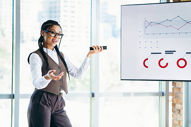 istock Young businesswoman presenting analytical data on screen in modern corporate office setting 2226433589