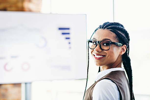 istock Confident businesswoman presenting analytics during meeting in corporate office setting with stylish formalwear 2226433633