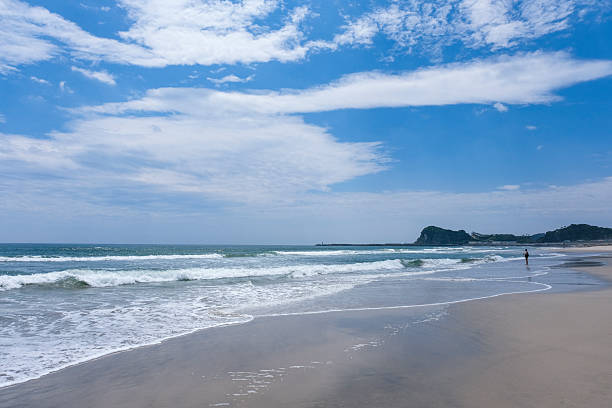 Sunny day at the Dreamland beach on Bali. Ocean and blue sky with fluffy clouds. Natural tones and colors, without heavy post processing.