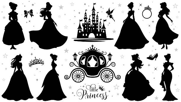 Little princess black silhouette vector set on white background with castle, carriage and crown
