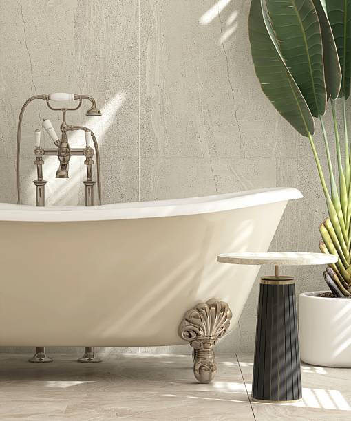 istock Minimal marble side table by white, cream clawfeet bathtub in modern, elegant bathroom, sunlight on tiled wall with tropical banana tree for luxury fashion, beauty, cosmetic, skincare, body care product display background 3D 2226436964