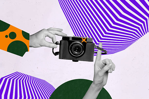 Composite sketch image design trend artwork collage of two hand hold camera paparazzi shot photo journalist moment idea creative picture