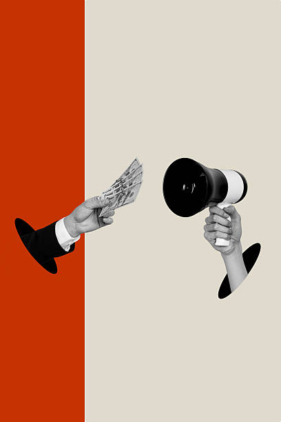 istock Template collage vertical image of hands hold megaphone strike propaganda money dollar bribe payment demonstration protest 2226440608