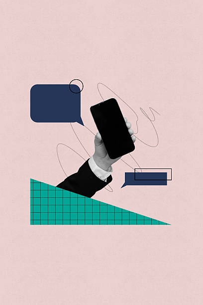 istock Vertical zine image artwork collage of hand hold phone device communication speech messenger icon bubble notification sms 2226441428