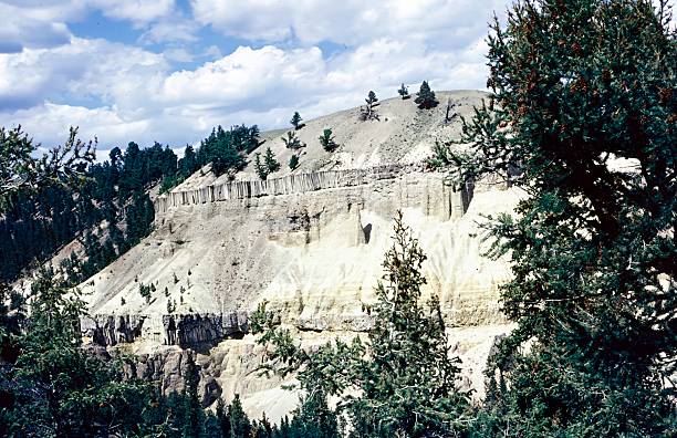 view of bare rocky slope with bedding planes in rock formation.Yellowstone National Park, Wyoming, USA.   August