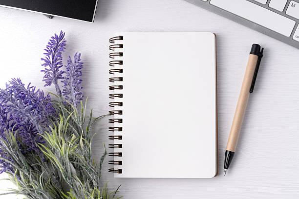 istock Top view of blank notepad with lavender flower and pen 2226447888