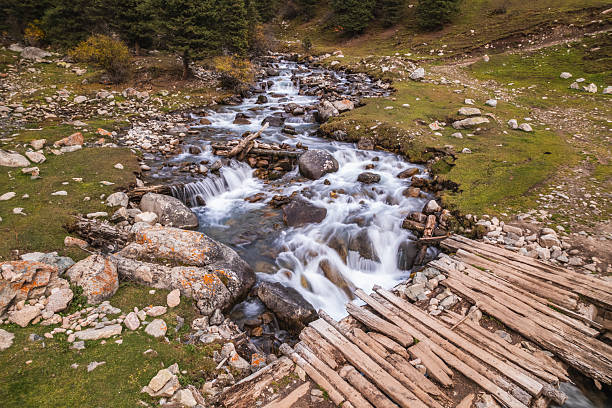 istock Serene mountain stream flows over rocks, a rustic wooden bridge crosses it. Lush green meadows and coniferous trees surround the tranquil scene in the Tian Shan mountains of Kyrgyzstan. This idyllic 2226449638