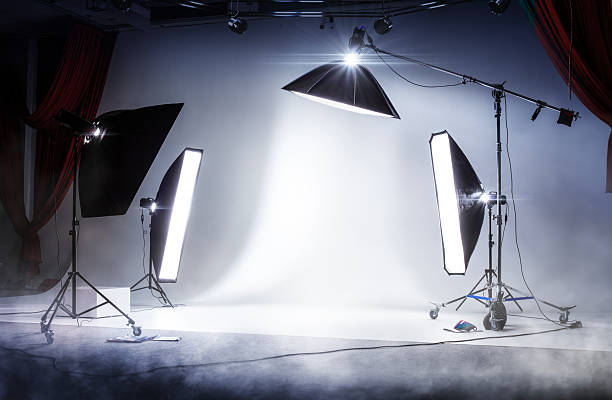 istock Photo session studio. Professional sports background for advertisement. Workspace interior with grey backdrop, backstage and lamps 2226458584