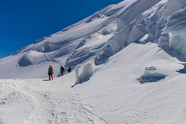 Chamonix, France - 8 August 2024: Climbers ascending Mont Blanc in daylight alpine landscape snowy mountain ridge outdoor adventure high altitude glacier mountaineering gear highest European peak scenery