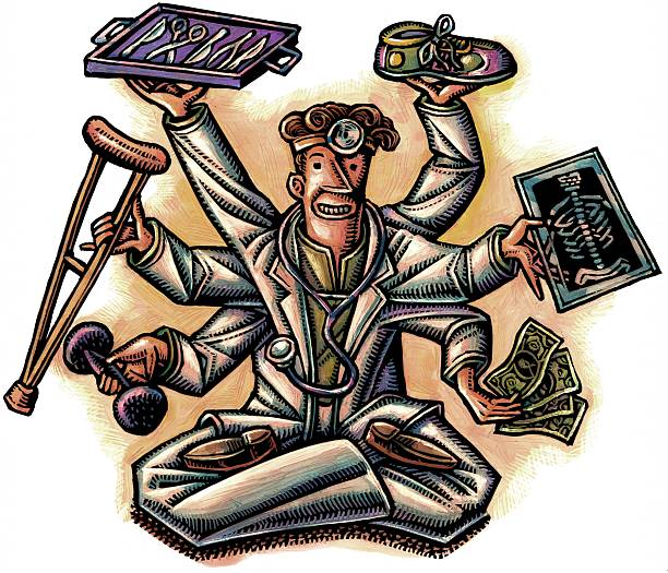 doctor like hindu god with six arms holds medical devices in each hand