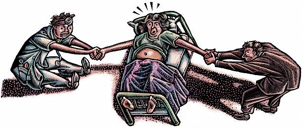 doctor and man in suit pull on opposite arms of a patient in a hospital bed