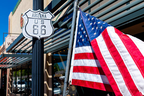 USA Flag and Route 66 Shield in Williams. High quality photo