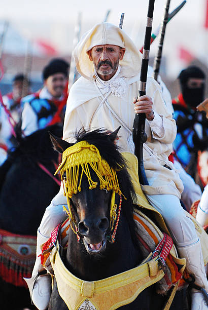 Alcoy, Spain, 05-03-2025: Warrior on horseback from the special Mudejares troupe squad at the Moors and Christians festival in Alcoy 2025