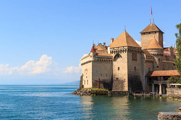 Veytaux, Switzerland - August 16, 2024: Medieval Chillon Castle at Lake Geneva in Switzerland