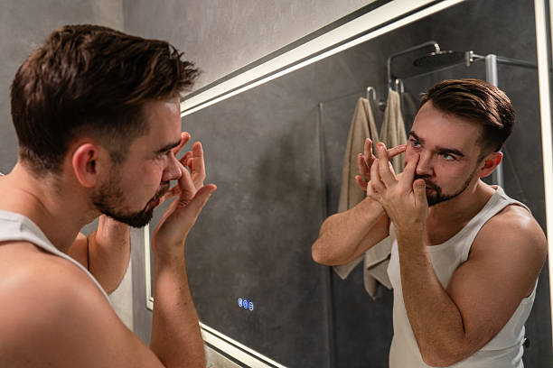 istock Man applying under eye patches in front of a bathroom mirror 2226476642
