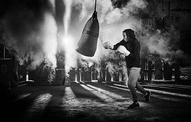 Young Woman Boxer Practicing Self-training, bBlack And White Retro Style Shot