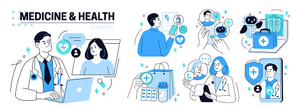 medicine set Medicine and health set. Doctor characters use ai and other digital tools for patient support, diagnosis, medical analysis, prescription. Healthcare technology concept. Vector illustration. medical isolation stock illustrations