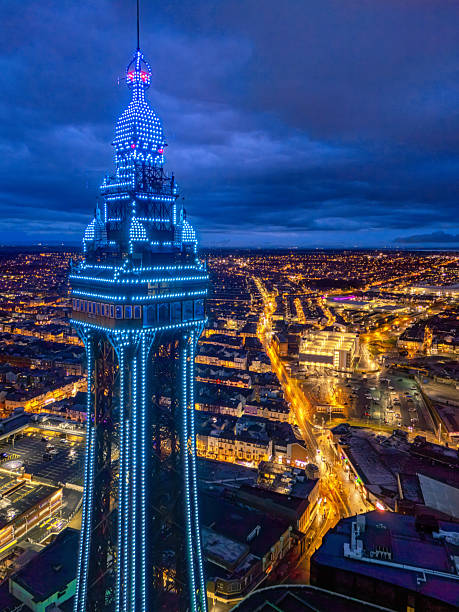Blackpool, United Kingdom. 20th July 2025. Aerial Image of Blackpool Tower along the Fylde Coast, Lancashire during a lovely calm night on the Sea front.
