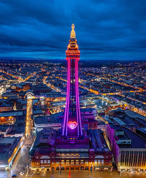 Blackpool, United Kingdom. 20th July 2025. Aerial Image of Blackpool Tower along the Fylde Coast, Lancashire during a lovely calm night on the Sea front.