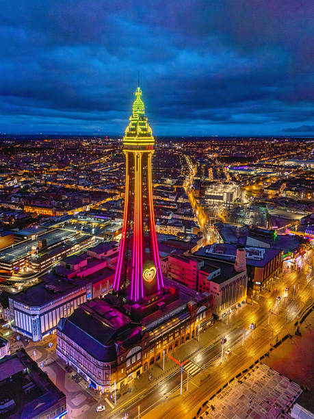 Blackpool, United Kingdom. 20th July 2025. Aerial Image of Blackpool Tower along the Fylde Coast, Lancashire during a lovely calm night on the Sea front.