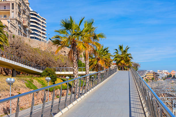 Strolling along the Tarragona coastline on a scenic viewpoint walkway. Modern pedestrian bridge with a metal railing, connecting cityscapes and greenery