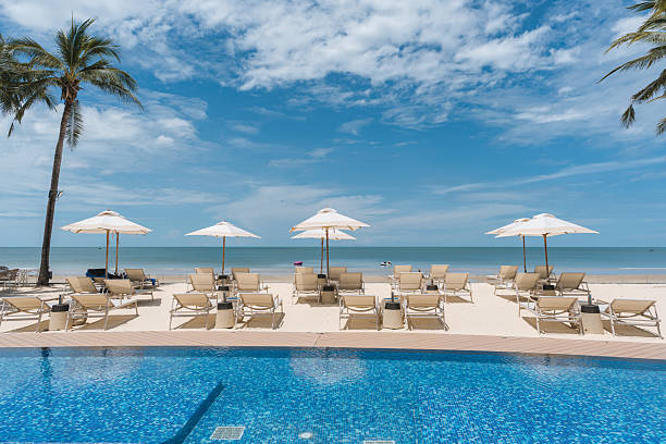 istock Beachfront resort with poolside, lounge chairs and white parasol on sunny day 2226508480