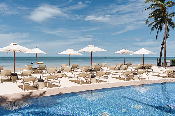 istock Beachfront resort with poolside, lounge chairs and white parasol on sunny day 2226508495