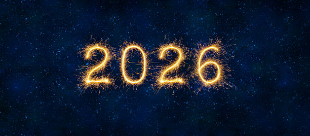 Happy New Year 2026 Fireworks  on Night Sky Universe in Blue Banner