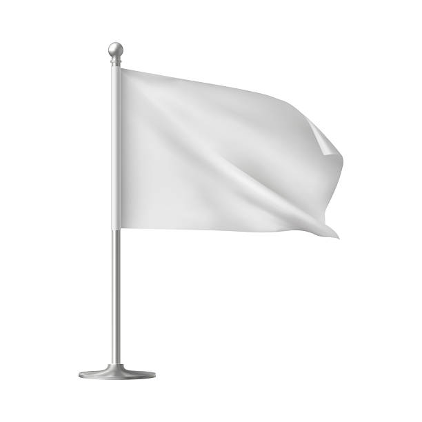 istock White waving flag template, clean fabric horizontal canvas for promotion design, flag on flagpole vector 3d mockup 2226511670