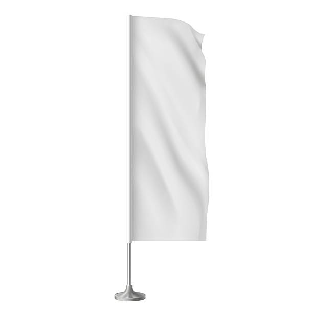 istock Textile 3d stand for advertising banner. Mockup of waving white flag on a stand, vertical. 2226511850