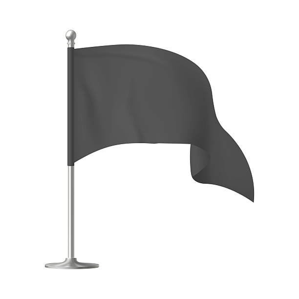 istock Black waving flag on flagpole template, realistic fabric horizontal canvas, textile banner vector 3d mockup 2226511887