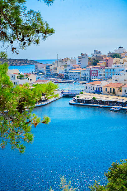 lake in harbour of Agios Nikolaos, Crete, Greece retro toned