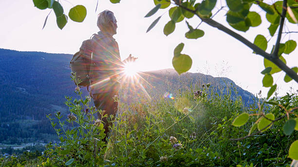 istock Mature man uses mobile phone in mountain meadow 2226513774