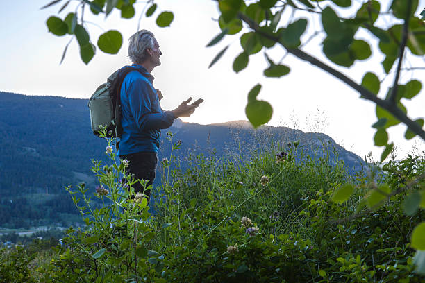 istock Mature man uses mobile phone in mountain meadow 2226513878