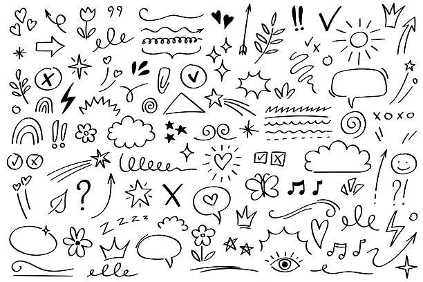 ilustraciones, imágenes clip art, dibujos animados e iconos de stock de dibujado a mano doodle arrows y elementos decorativos set sketch lines, underlines, speech bubbles, icons, emphasis shapes collection - garabato