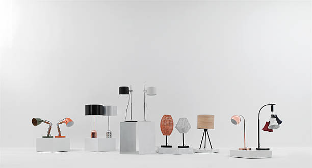 Concept of Black Led Sensor Desk Lamp on a wooden table. 3d Rendering