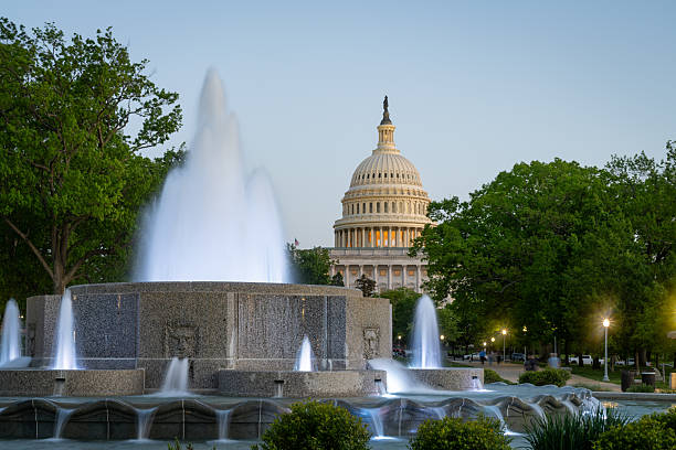 This wide shot captures the illuminated U.S. Capitol Building in the background, its iconic dome glowing softly against a pale twilight sky. In the foreground, a multi-tiered fountain sprays water high into the air, its streams beautifully lit and appearing almost ethereal. Lush green trees frame both the fountain and the Capitol, adding natural vibrancy to the scene. The image combines architectural grandeur with a serene natural element, conveying a sense of peace and majesty in the nation's capital.. High quality photo