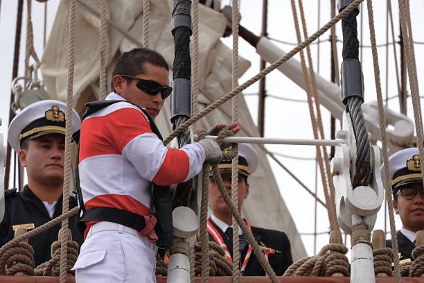 Aberdeen 22nd July 2025 Scotland,Bap Union Tall Ship Crew Preparing for Departure from Aberdeen. The crew of the Peru Tall Ship actively prepares for departure from Aberdeen Harbour. Sailors are busy on deck handling lines and rigging, marking the ship's undocking or 'sail away' process on the final day of the Tall Ships Races