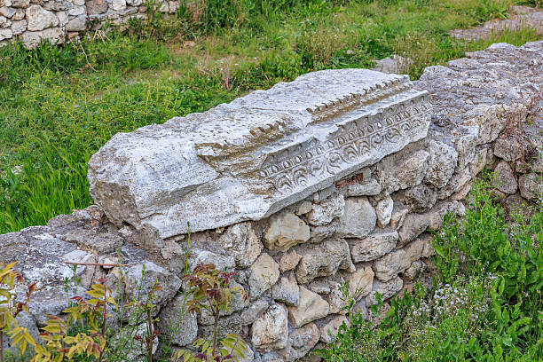 Ancient stone wall with carved ruins in overgrown historical landscape.