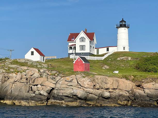 Aerial view of  Nubble lighthouse at Cape Neddick. Maine, during summer day