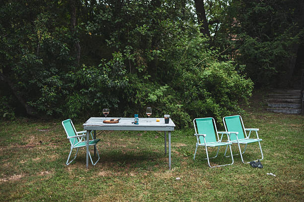Serene outdoor setting featuring a table with drinks and dishes, surrounded by natural greenery and placed on a grassy lawn, perfect for casual gatherings or enjoying calm outdoor moments.